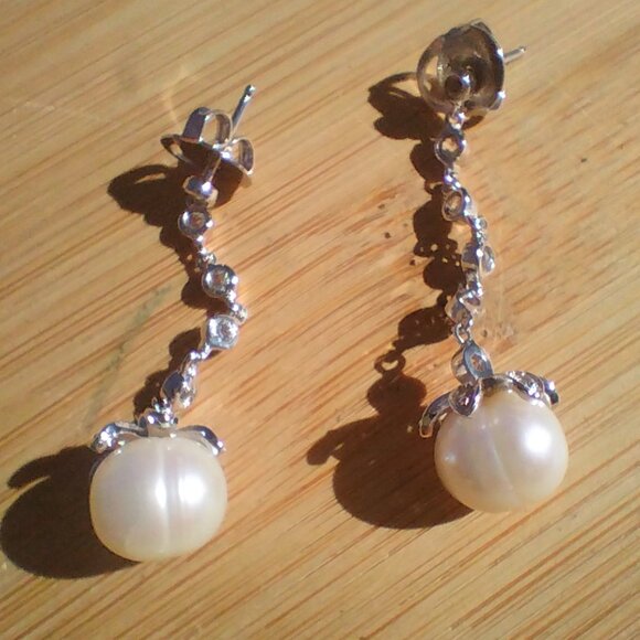 HONORA Freshwater White Pearl Earrings With Cubic Zirconia 925 Sterling Silver - Picture 2 of 8